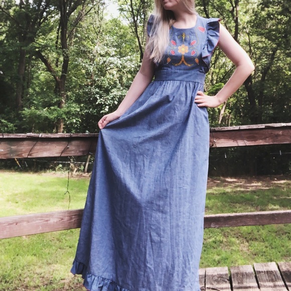 Vintage Dresses & Skirts - Vtg hand painted chambray floral maxi dress